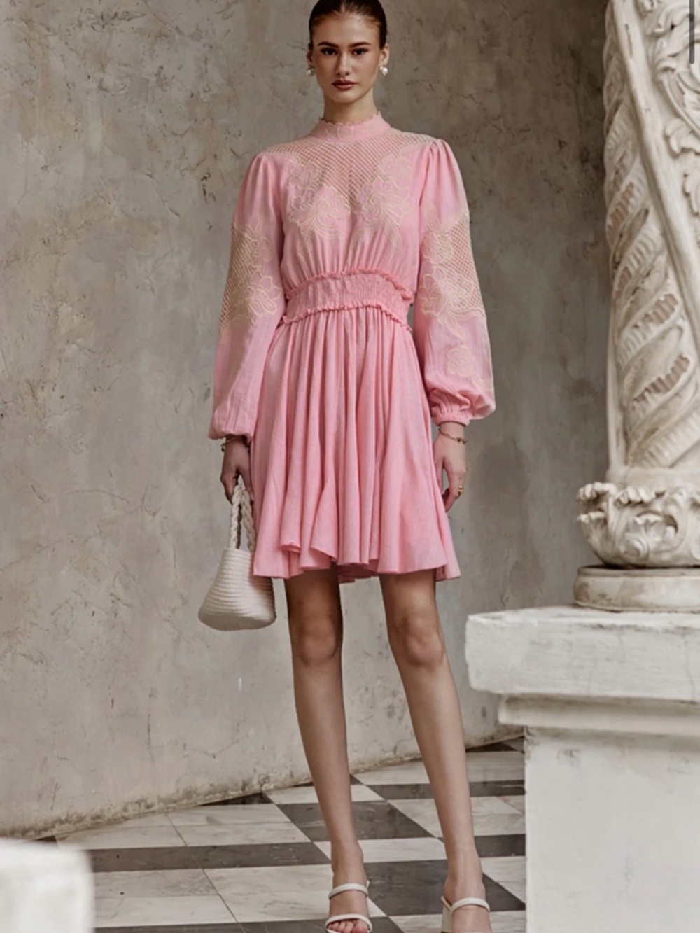 Elegant Pink Lace-Yoke Long-Sleeve Mini Dress